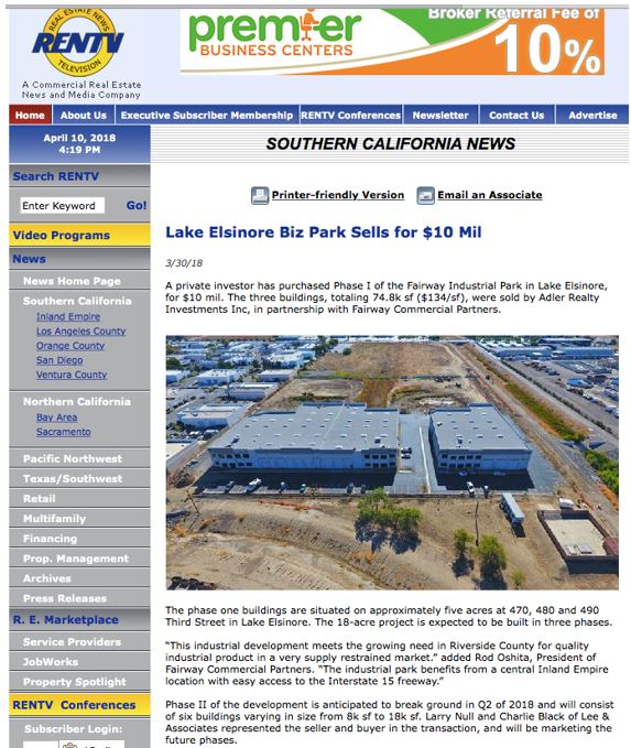 Lake Elsinore Biz Park Sells for $10 Mil